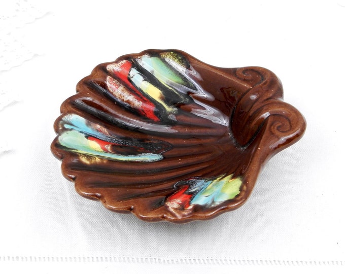 Vintage French Mid Century Vallauris Colorful Hand Painted Scalloped Shaped Trinket Bowl / Ashtray, Retro Provencal Decor South of France