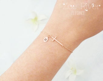 Personalized cross bracelet. Choose rose gold, silver or gold cross bracelet. Personalized initial and cross bracelet. Dainty cross bracelet