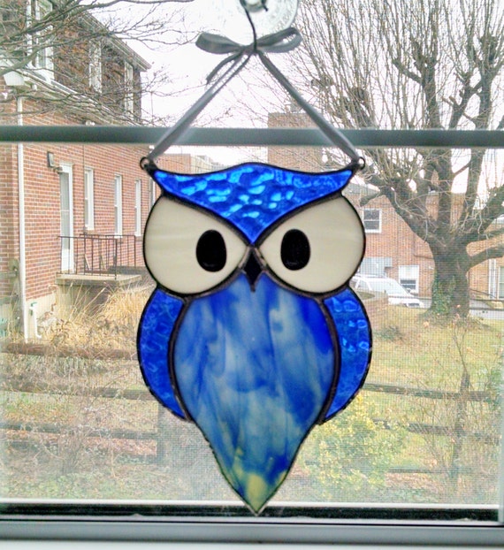 Items similar to Owl Stained Glass Suncatcher Blue Glass Owl Bird