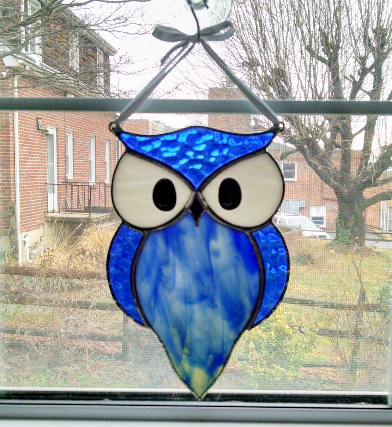  Owl  Stained  Glass  Suncatcher Blue Glass  by StainedGlassYourWay