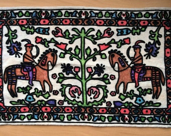 Handmade Tapestry Type 29in by 17in Vintage Colorful Knights Charging fun art for framing hanging pillow frontMedieval theme Tree of Life