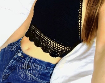 Crochet Crop Top, Boho Hippie White Crochet Top, Halter Top
