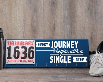 Running gifts - runners medal holder - race bib hanger - Every journey begins with a single step