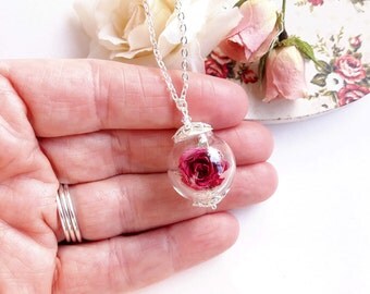Real Rose Necklace, Real Flower Necklace, Rose Necklace, Pink Rose, Real Flower Jewelry, Romantic Gift, Anniversary, Beauty and the Beast,