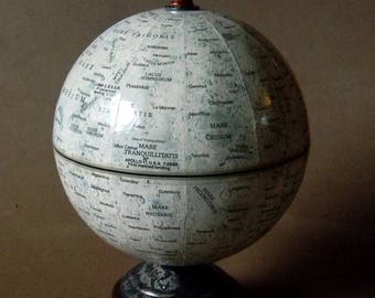 Beautiful Custom Refit Vintage Moon Globe. Elegant Compact Desktop Replogle Lunar Globe on Acid Etched Steel and Hardwood Footed Stand.