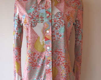 1970s Novelty Print Blouse w/ Faces
