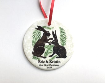 Our First Christmas Ornament - Woodland Rabbits - Personalized Newly Married Couple Ceramic Ornament - Unique Bridal Shower, Wedding Gift