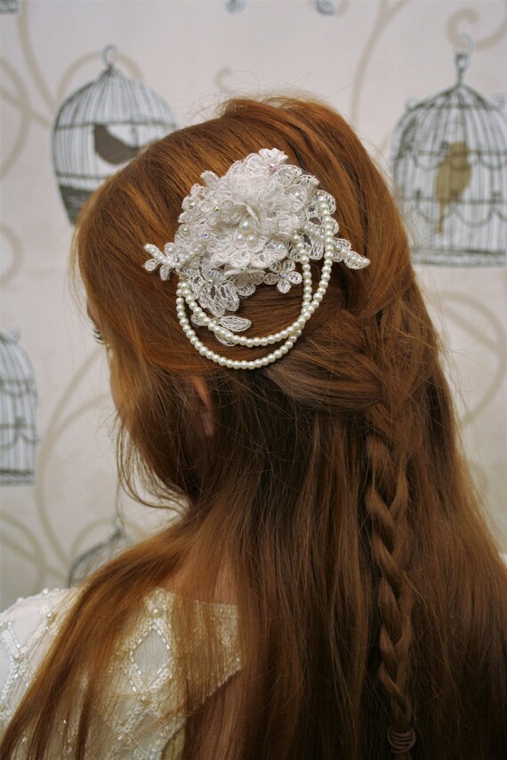 Items similar to ROSIE Bridal Vintage Lace Hair Comb, Pearl Strings
