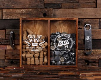 Beer Cap Holder Personalized Shadow Box FREE Bottle Opener Corkscrew Wine Cork Holder, Couple , Craft Beer His and Hers, Wedding Gift 025335