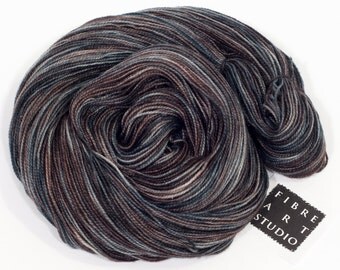 Hand Dyed Sparkle Sock Yarn | Variegated Hand Dyed Yarn in Black, Gray and Brown with Silver Glitter | SW Merino, Nylon, Stellina