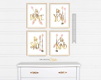 Baby Girl boho Nursery Wall Art, Girl Nursery PRINTABLE GOLD Decor, Pink Woodland Nursery, Pink and Gold Nursery Art, Printable Arrow Decor