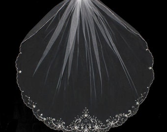 Beaded Scallop Fingertip Length Wedding Veil in White, Diamond White, Ivory or Champagne