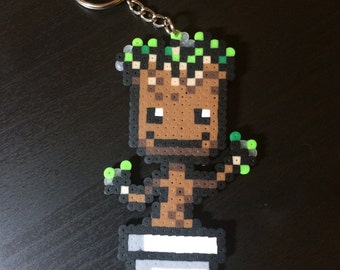 Fan art Baby Groot pixel art Perler mini bead keychain, geek gift