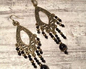 Victorian Steampunk Chandelier Earrings, Steampunk Jewelry, Bronze and Black Crystal Beads, Steam punk Earrings