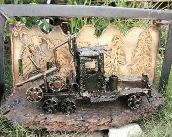 Logging Truck with Dolly with Forest Frame Metal Sculpture