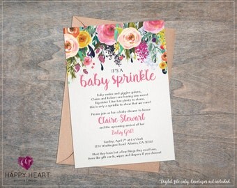 Rose Floral Girl Baby Sprinkle Shower Invitation / Beautiful Watercolor Roses Flowers Floral / Pink Yellow Orange Whimsical Printable Invite