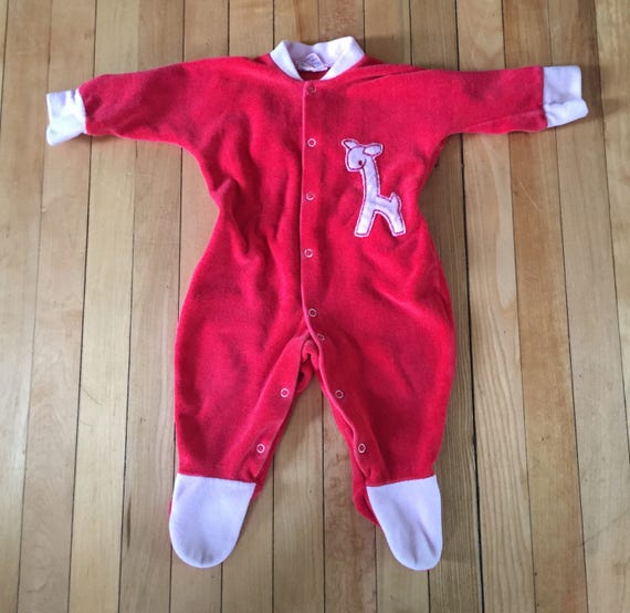 Vintage 1970s Baby Infant Red Velour Giraffe Sleeper! Size 12 months