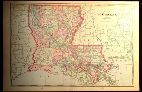 Map Louisiana Map Large Antique Original Early 1900s 1904