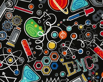 Science Fabric; You Choose Size; C5707; Timeless Treasures; Novelty Fabric; DNA, E=MC2, Science Equipment, Beakers, Symbols; Teacher Fabric