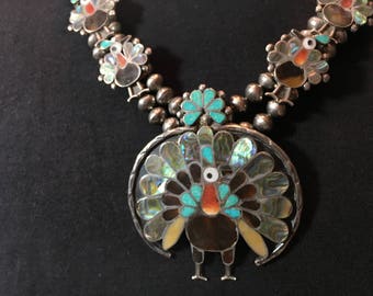 Vintage Zuni peacock inlay squash blossom necklace with earrings and ring