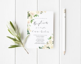 Baptism Invitation Printable, Girl Baptism Invitation Christening Invitation, White cream Baptism invitation printable, The Asli collection