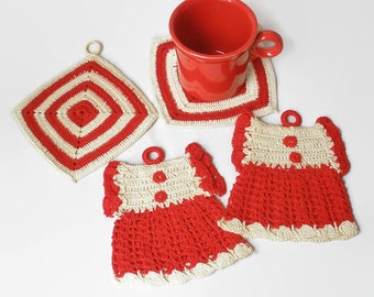 Vintage 1950s Crochet Potholder Hot Pad Trivet Lot Hanging Red Retro Kitchen Decor