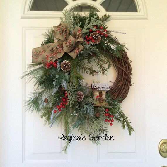 Christmas Wreath for Door-Winter Wreath-Birdhouse Wreath-Bird