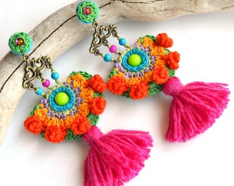 bohemian earrings, tassel earrings, ethnic earrings, statement earrings, boho earrings, orange earrings, hot pink earrings, fringe earrings