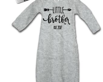 Little Brother Coming Home Outfit , Baby Boy Gown, Personalized Newborn Baby Hat, Gray Tribal Baby Outfit, Baby Shower Gift, Cute Baby Gift