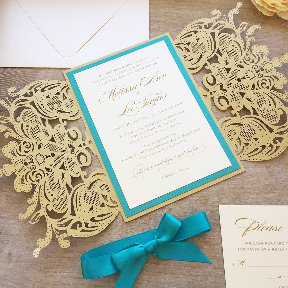 MELISSA Gold Laser Cut Wedding Invitation with Teal Accents