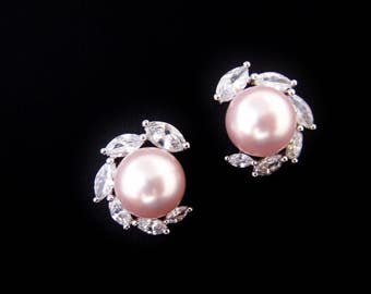 Bridal Pearl Earrings Cubic Zirconia Stud Earrings Wedding Jewelry Swarovski 10mm Pearl Bridesmaids Gift (E305)