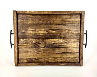 Reclaimed Wooden Tray with Bronze Handles, Wood Dining Tray, Handmade Serving Tray, Rustic Ottoman Tray, Centerpiece Tray, Wide Vanity Tray