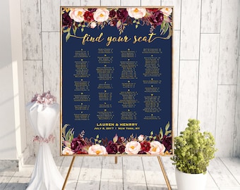 Navy Wedding Seating Chart Alphabetical Template, Printable Burgundy Floral Seating Plan Poster, Gold Foil 24x36 18x24 Instant Download #109