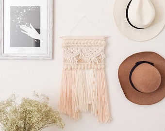 fae | hand woven wall hanging and macrame | natural, apricot, and gold | fiber art wall tapestry | wall weaving | macrame
