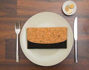 Boho Women's Wallet, Vegan Women clutch wallet, Purse, Cork Vegan Envelope Wallet, Brown & Black, women's bag, mothers day, gift for her