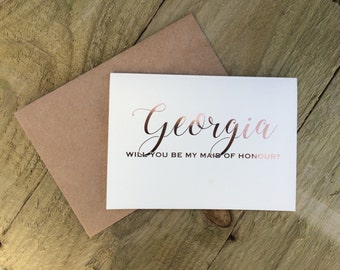 Personalised rose gold 'will you be my maid of honour?' card, rustic wedding