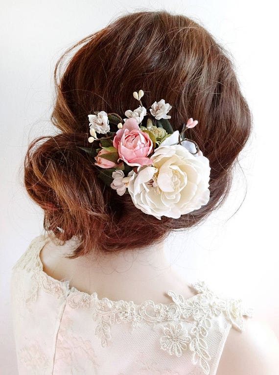 bridal hair clip, floral hair clip, bridal hair piece, pink floral hair comb, bridal hair flower, bridal headpiece, ivory flower hair clip