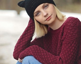 Black Cat Ears Hat, Crochet Beanie with Ears, Gift for Teen Girl, Tween Gifts, Cute Cat Ears, Hat with Ears, Cat Lover Gift, Animal Ears