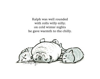 Ralph's Rolls pug art & illustrated poem - pug print or funny card with pug and cats, cat print, greeting card, pug poetry by Inkpug