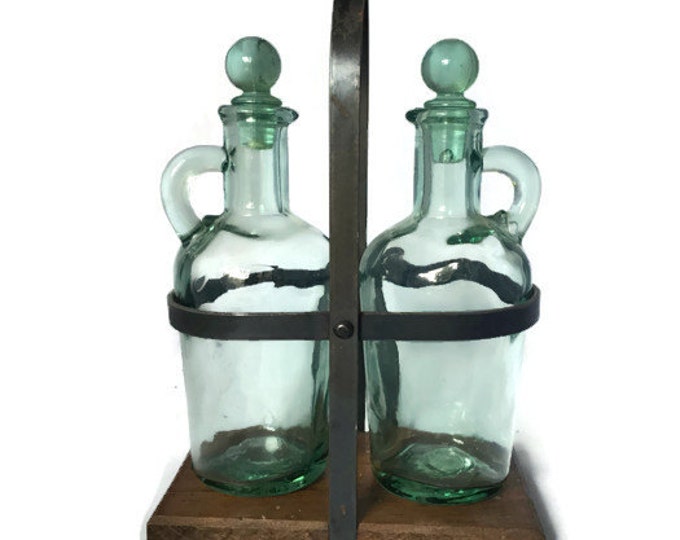 Large Green Glass Cruet Set | Wood and Iron Holder | Hand Blown Glass | Vintage Home Decor