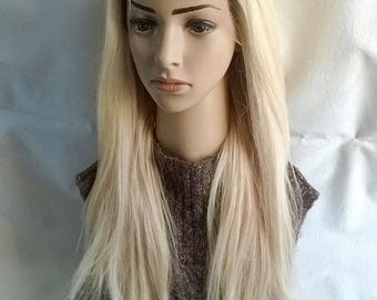 Lace front human hair wig, Harmony range, 22 inches long, blonde, natural roots, custom