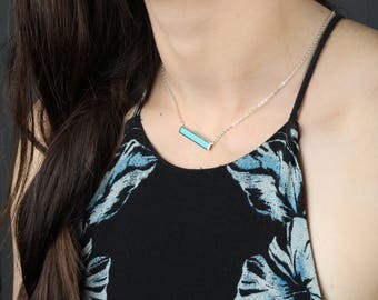 Gift for Girlfriend, Modern Minimal Turquoise Necklace Bar, Blue Necklace, Turquoise Crystal Pendant
