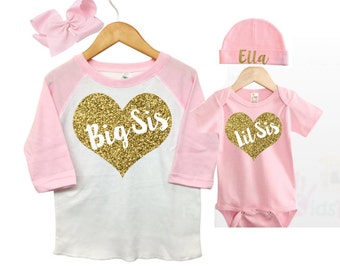 Big Sister Little Sister Outfits, Pink and Gold BIg Sister Little Sister Set, Big Sister Raglan Shirt, Matching Big Sister Little SIster Set
