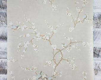 Birds and Blossoms on Silvery Gray Wallpaper HP0325 - Sold by the Yard