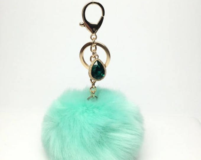 NEW! Faux Rabbit Fur Pom Pom bag Keyring keychain artificial fur puff ball in Emerald Crystals Collection