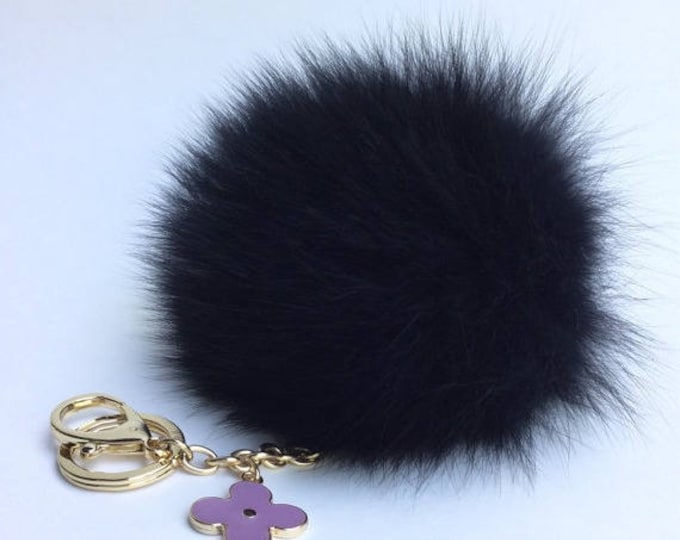 Black Fur Pompon bag charm pendant Fur Pom Pom keychain with flower charm