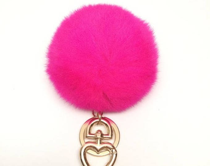 Heart Fur Pompom Keychain Rabbit Fur Ball Bag Charm Hot pink