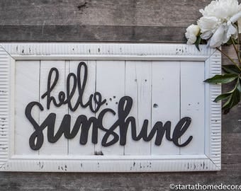 SALE!!! Finished Reclaimed Wood White and Black Hello Sunshine Sign | Typography |