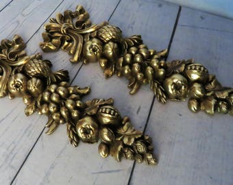 Syroco Gold Wall Decor, Opulent Bronze Gold Retro Wall Decor Fruit Garland Ribbons Syroco Wood Vintage Gold Decoration, Hollywood Regency