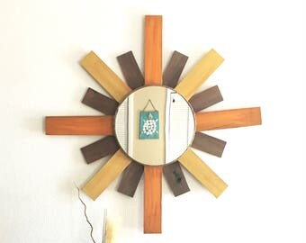 Reclaimed Wood Mirror, Sunburst Mirror, Coastal Sun Mirror, Decorative Mirror, Yellow Wall Mirror, Orange Wood Mirror, Weathered Wood Mirror